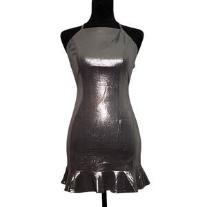 ABOUT US NWT Silver Halter Open Back Mini Dress, Size XS
